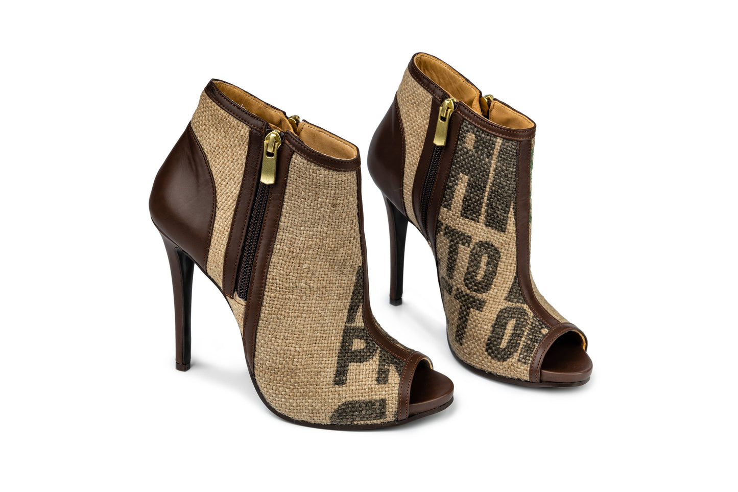 flowers & leaves - Coffee Burlap Peep Toe Ankle Boots: BROWN / 10
