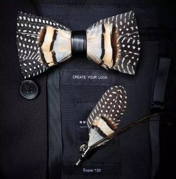 TYED BY DEDE - Handmade Wild Feather Bow Tie W/free Lapel Pin Set