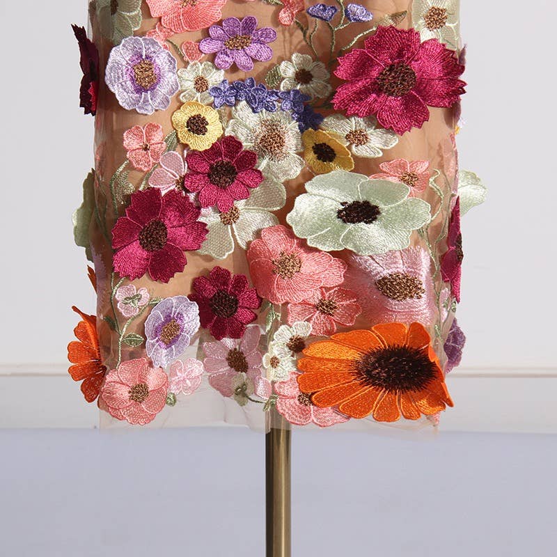 Productseeker - DR0122 3D Floral Embroidered Slim Strapless Midi Dress: Multi-Colored / English / M