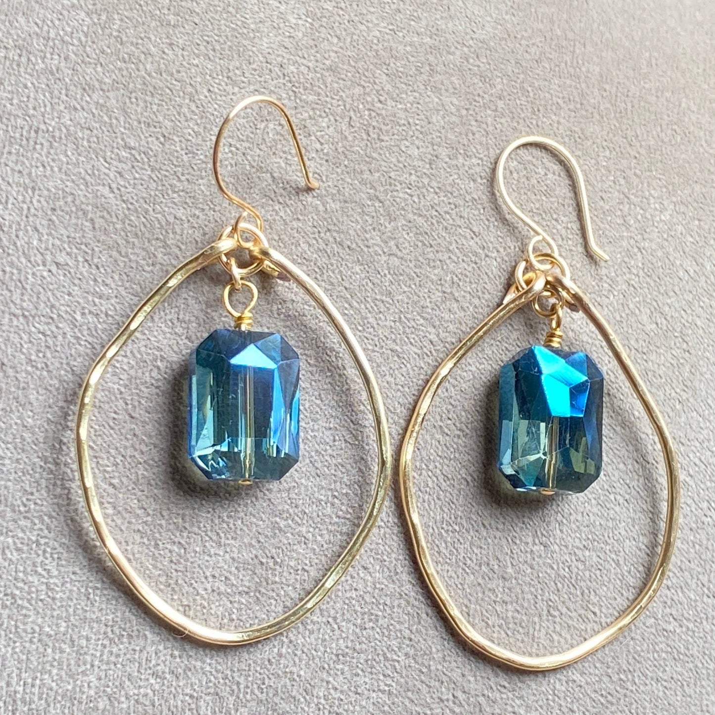 Marble Designs Jewelry - Gold Hammered Hoop Blue Crystal Earrings Sparkle Drop: Blue / Gold