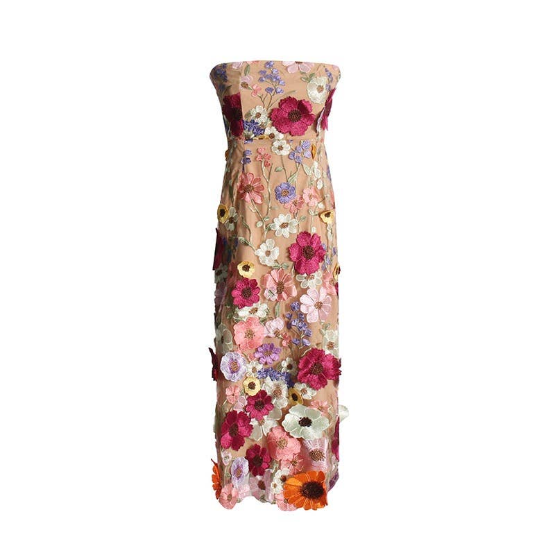 Productseeker - DR0122 3D Floral Embroidered Slim Strapless Midi Dress: Multi-Colored / English / M