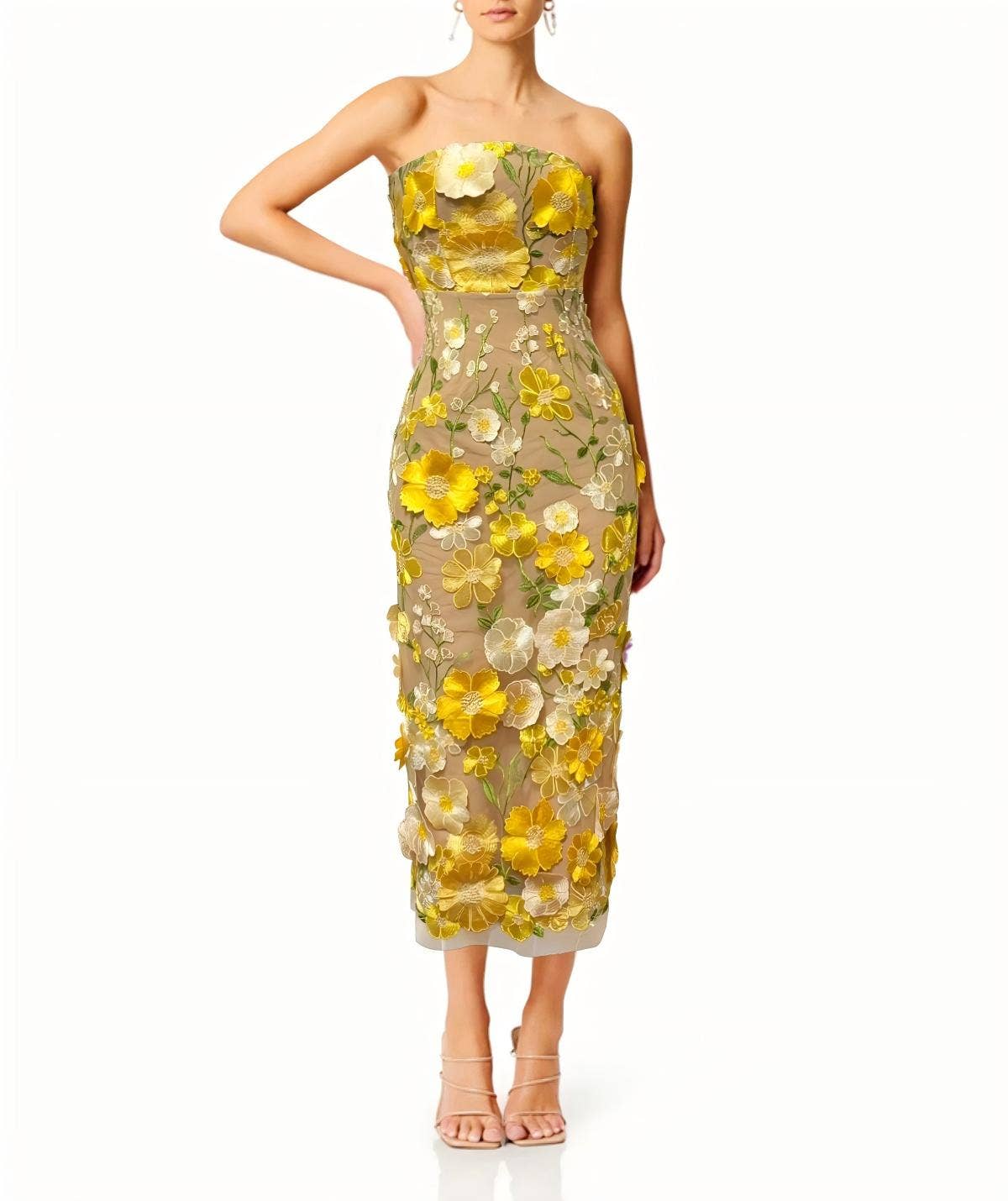Productseeker - DR0122 3D Floral Embroidered Slim Strapless Midi Dress: Multi-Colored / English / M