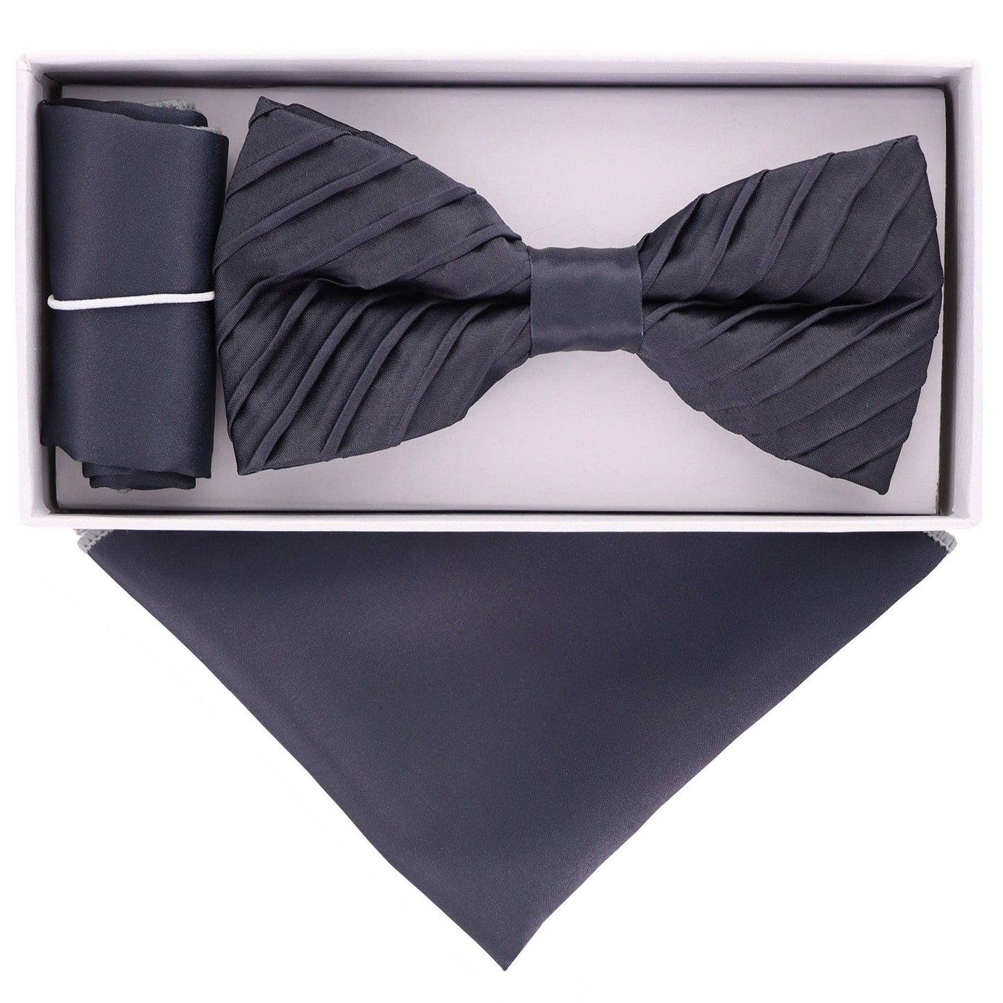 Classy Cufflinks - Vittorio Farina Pleated Bow Tie & Pocket Square by Classy Cufflinks: Black (RBH 001)