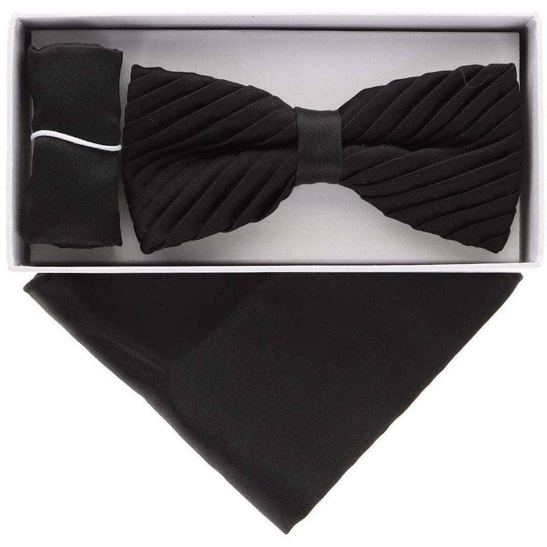 Classy Cufflinks - Vittorio Farina Pleated Bow Tie & Pocket Square by Classy Cufflinks: Black (RBH 001)