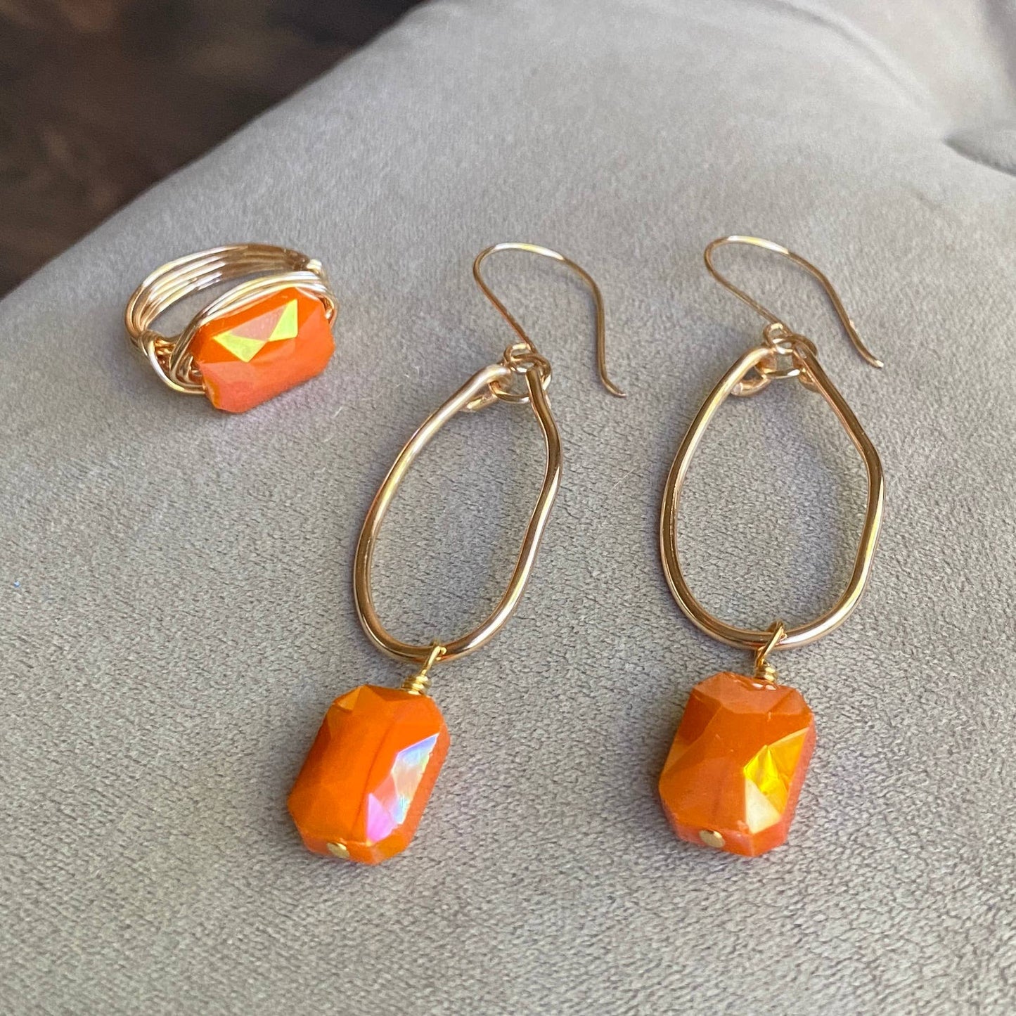 Marble Designs Jewelry - Gold Wire Wrapped Ring Faceted Orange Crystal Statement Ring: Gold / 7