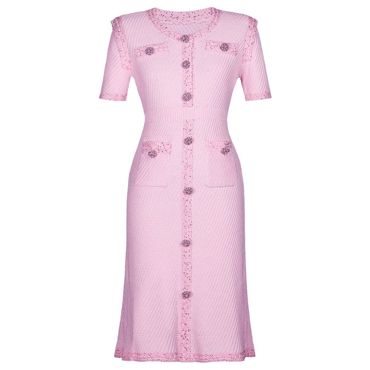 Productseeker - DR380Y Pink Knitted Beaded Short-Sleeved Dress for Women: Pink / English / M