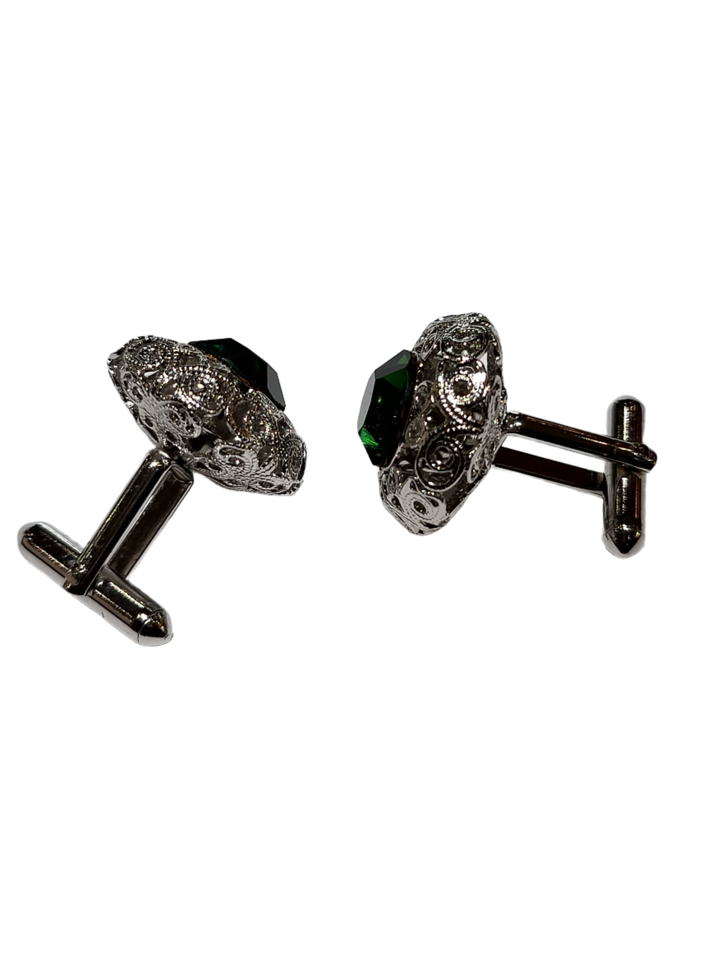 Silver Plt Filigree Emerald Green Faceted Stone Glass