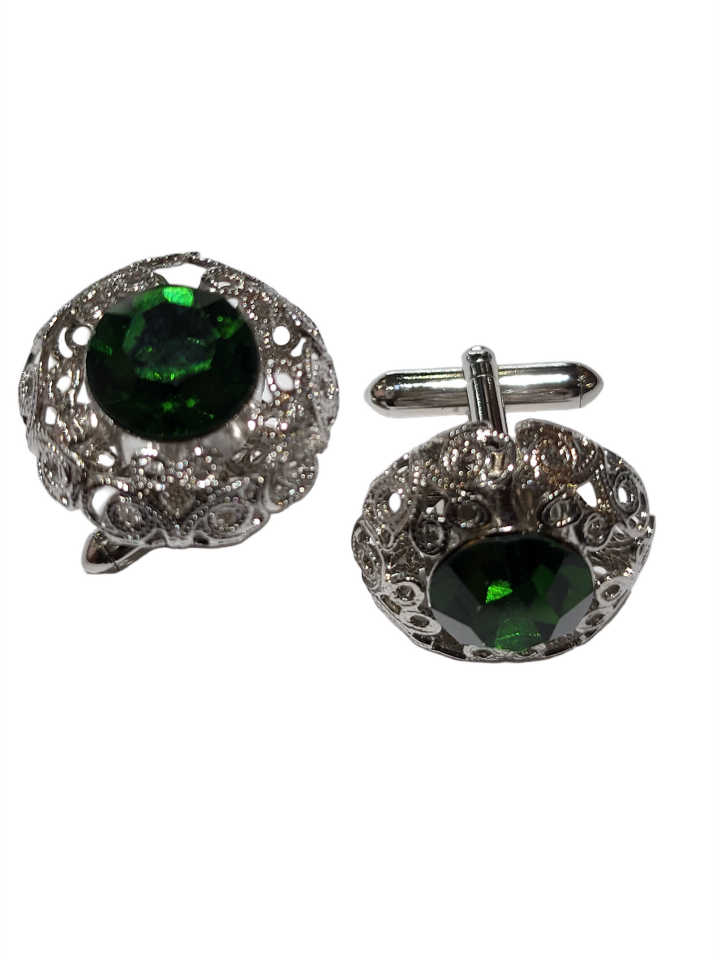 Silver Plt Filigree Emerald Green Faceted Stone Glass