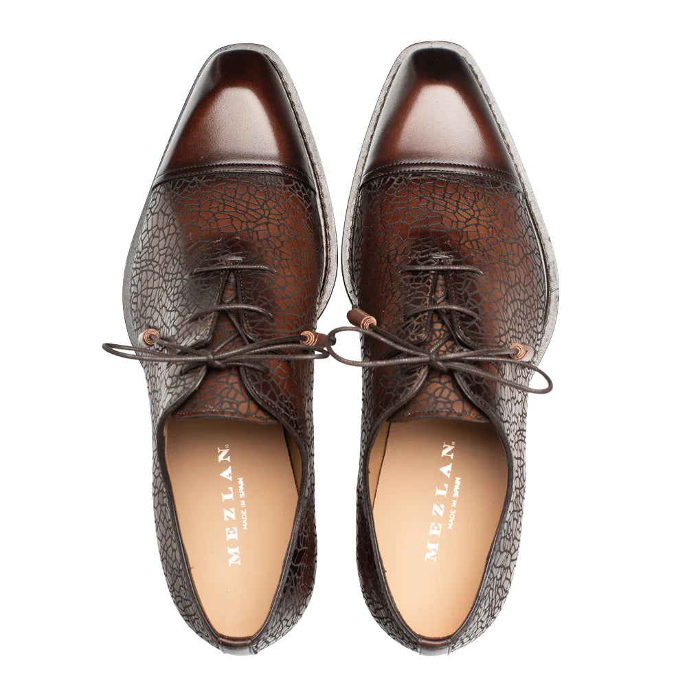 Mezlan Brown Dress Shoes Asymmetric Etched Calf Oxford Cap toe