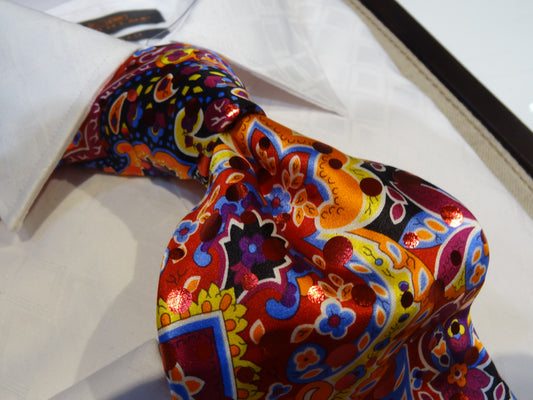 Italo Ferreti Italian Satin Silk Tie Necktie Red Blue Yellow Orange Foil Polka dot Floral Art