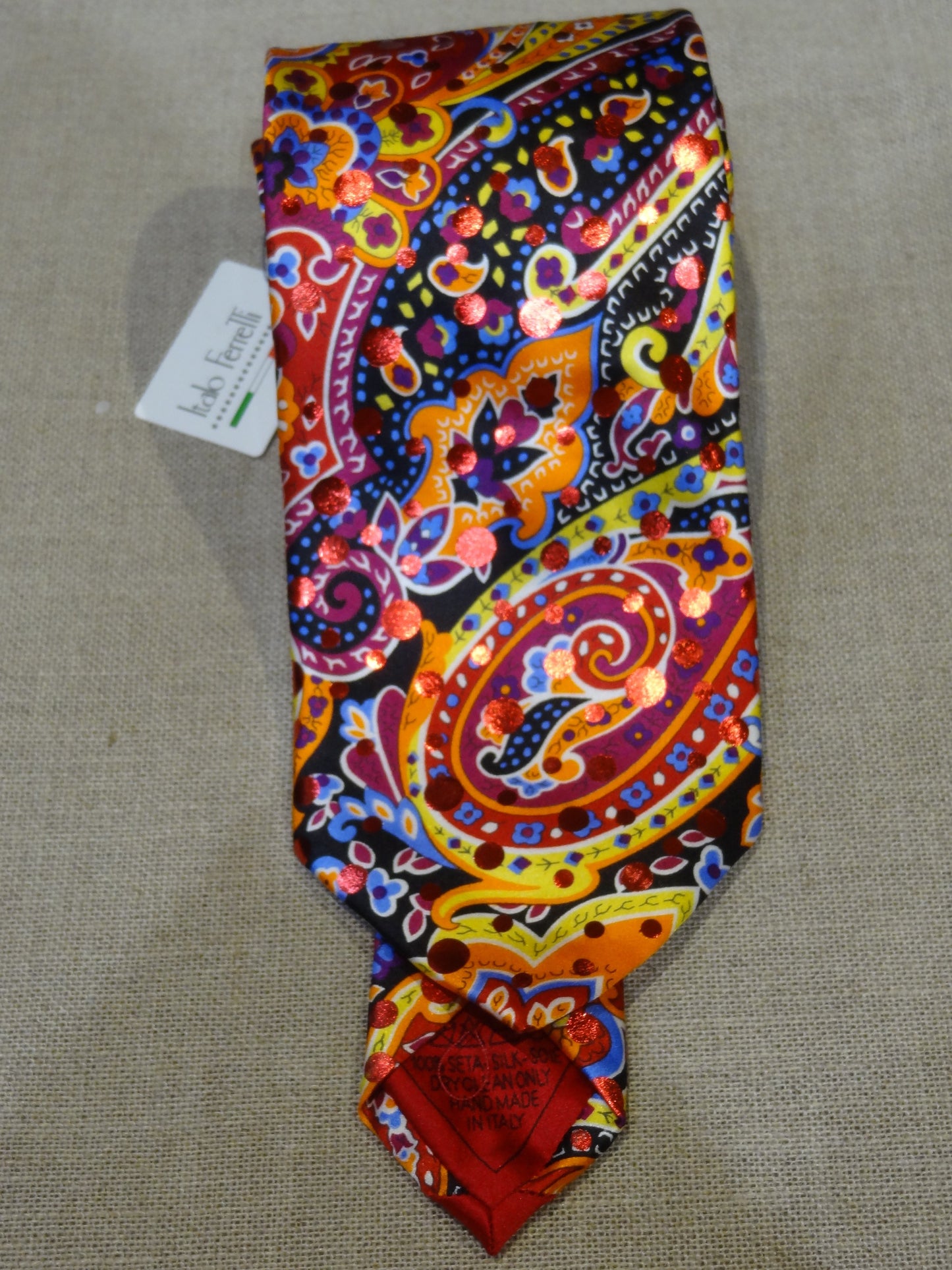 Italo Ferreti Italian Satin Silk Tie Necktie Red Blue Yellow Orange Foil Polka dot Floral Art