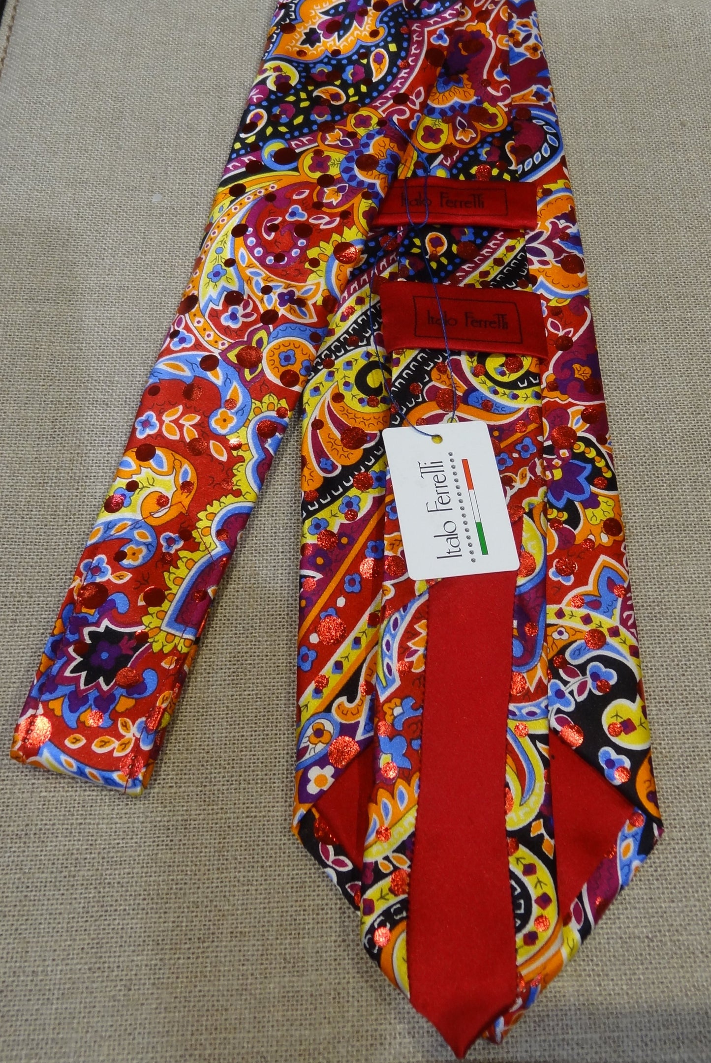 Italo Ferreti Italian Satin Silk Tie Necktie Red Blue Yellow Orange Foil Polka dot Floral Art