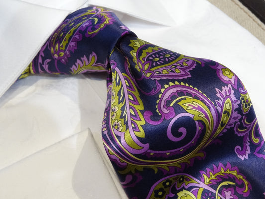 Italo Ferretti Satin Silk Navy Blue Green Purple Paisley Floral