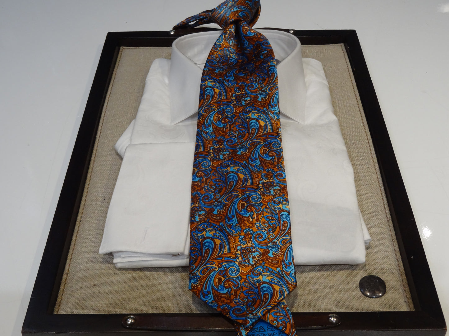 Italo Ferretti Satin Tie Necktie Orange Peach Turquoise Blue Paisley Floral
