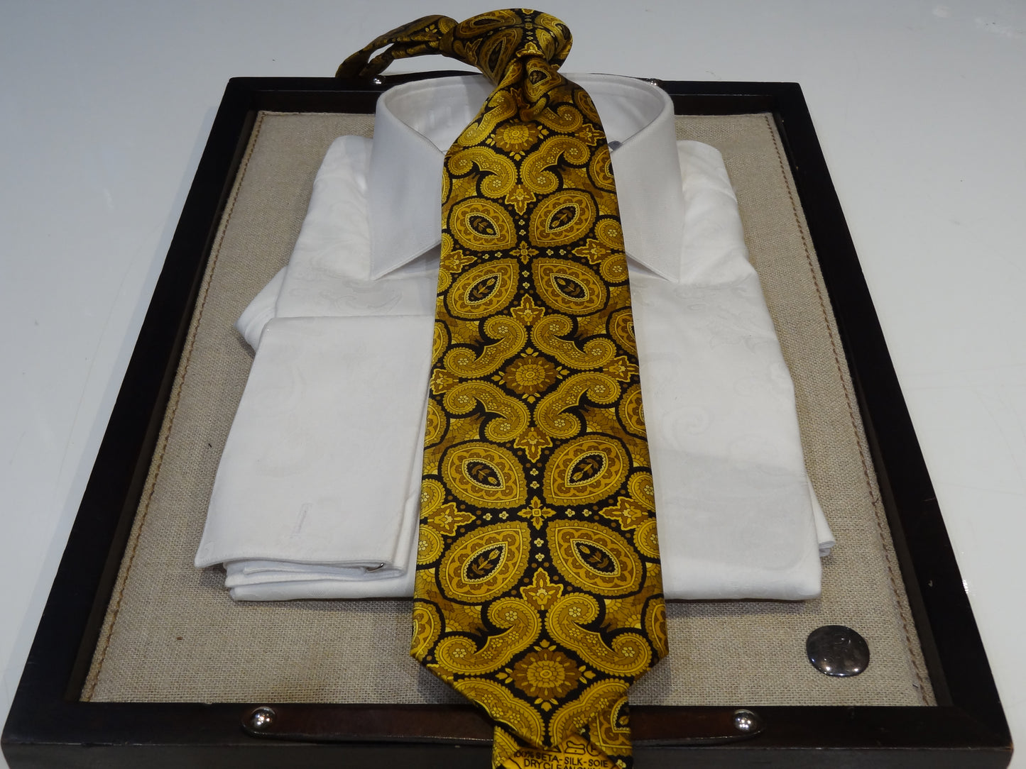 Italo Ferretti Satin Silk Tie Necktie Black Gold Paisley Medallion