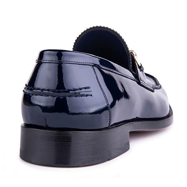 Sepol Shoes Navy Blue Patent Leather  Gold Horseshoe Bit Loafer