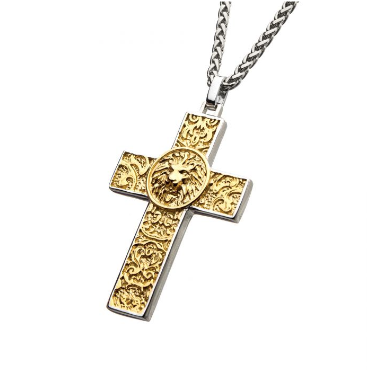 Steel with Gold IP Nymeria Lion ID Bracelet and Pendant with Chain