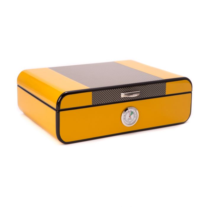 "Carbon Fiber" & Yellow Lacquered Wood 25 Cigar Humidor