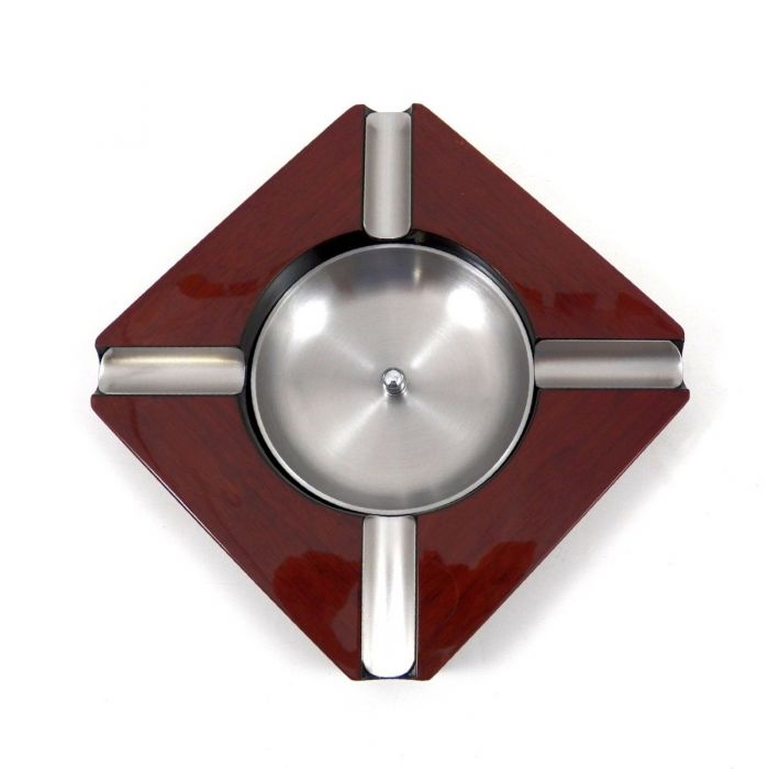 Lacquered "Walnut" Wood Four Cigar Ashtray with Removable Stainless Steel Center.
