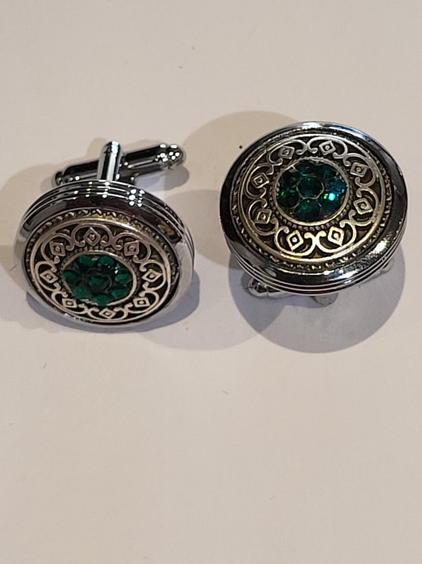 Emerald Green Gem Stone Austrian Crystal Filigree Bezel Shirt Cufflinks