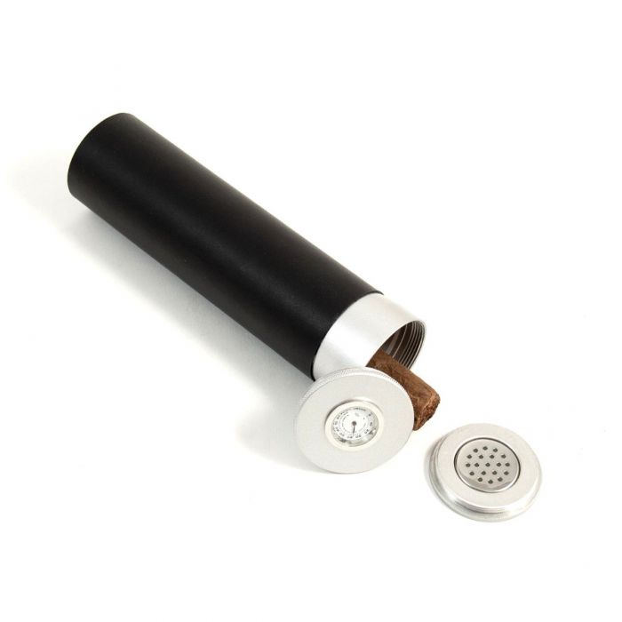 Black Leather Wrap Aluminum Cigar Tube with Hygrometer and Humidistat.