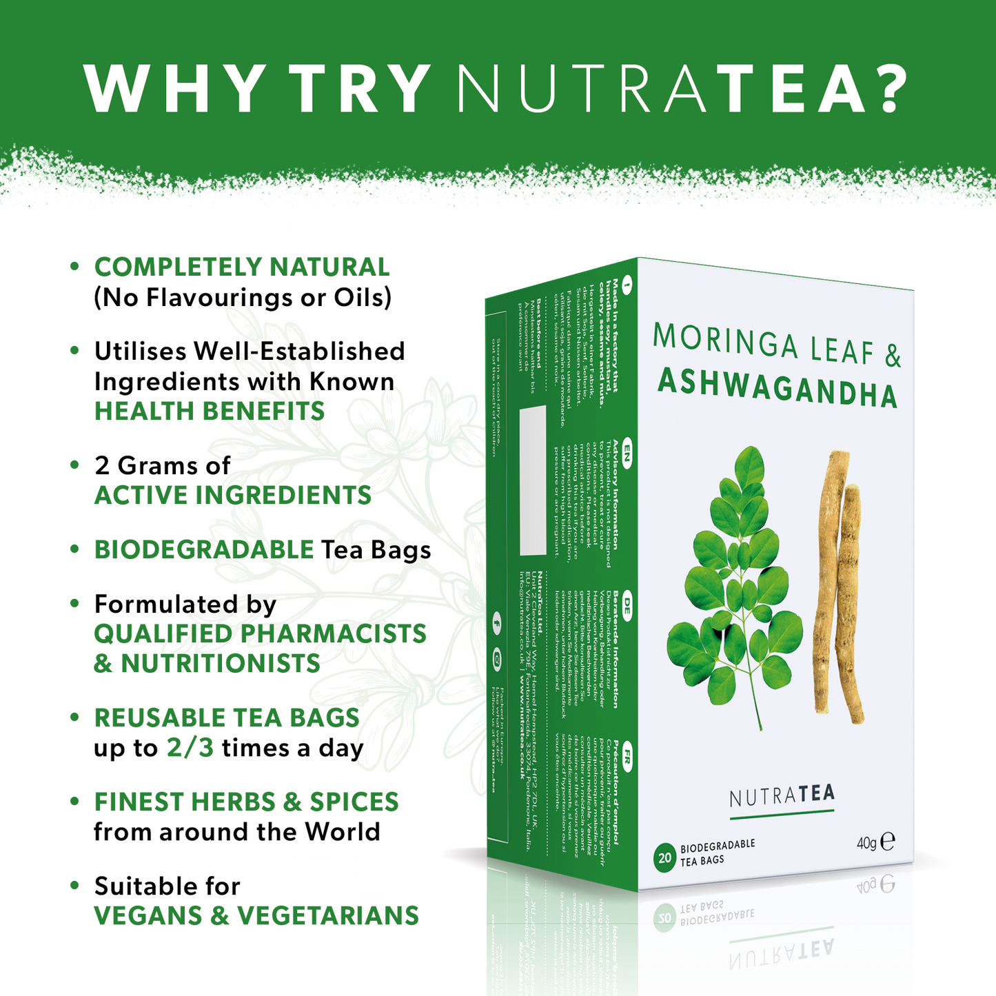 NutraTea - Moringa Leaf & Ashwagandha Herbal Tea