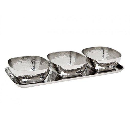Godinger - Hammered Tray & 3 Square Bowls: Stainless Steel