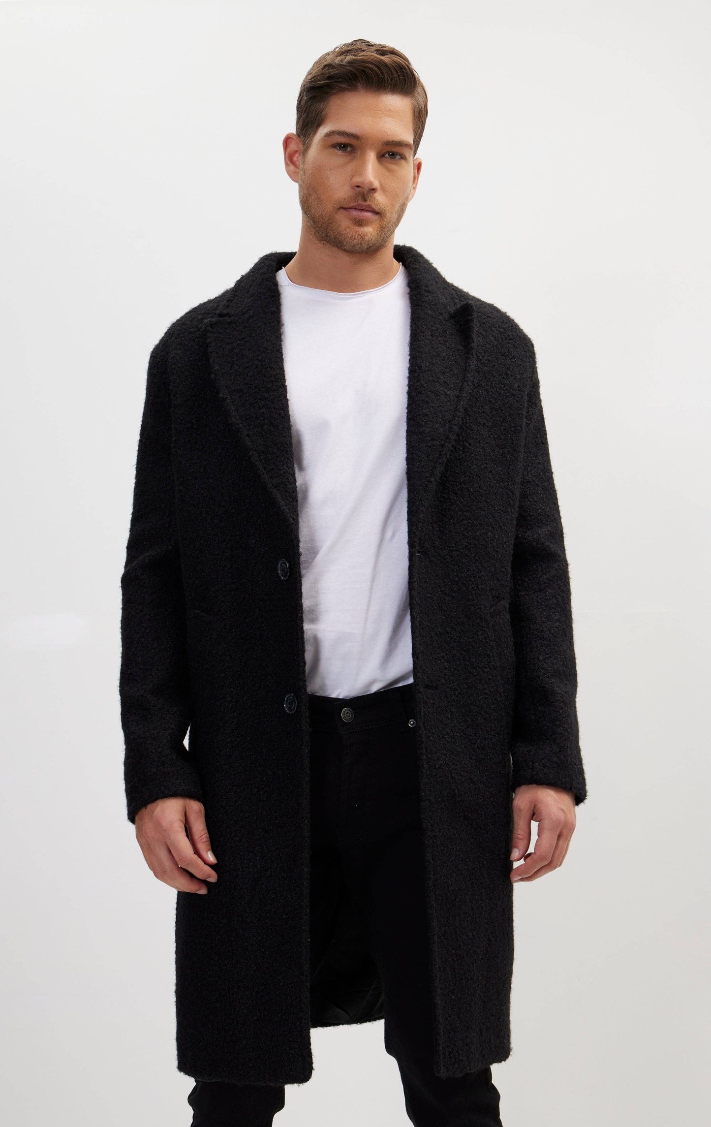 Ron Tomson - Men's Long Fitted Boucle Pea Coat With Notch Lapel - Black: BLACK / XXL (44 US)