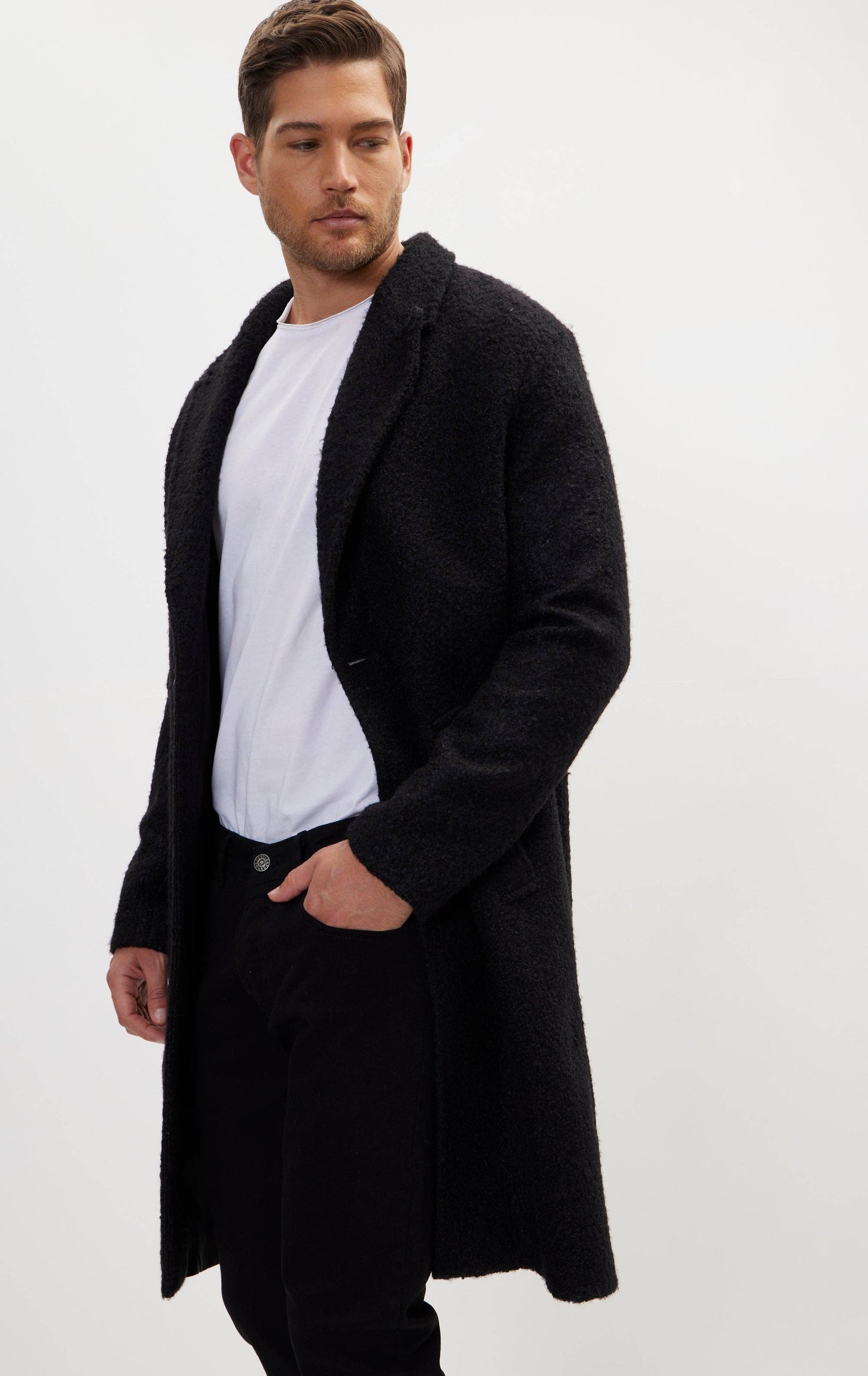 Ron Tomson - Men's Long Fitted Boucle Pea Coat With Notch Lapel - Black: BLACK / XXL (44 US)