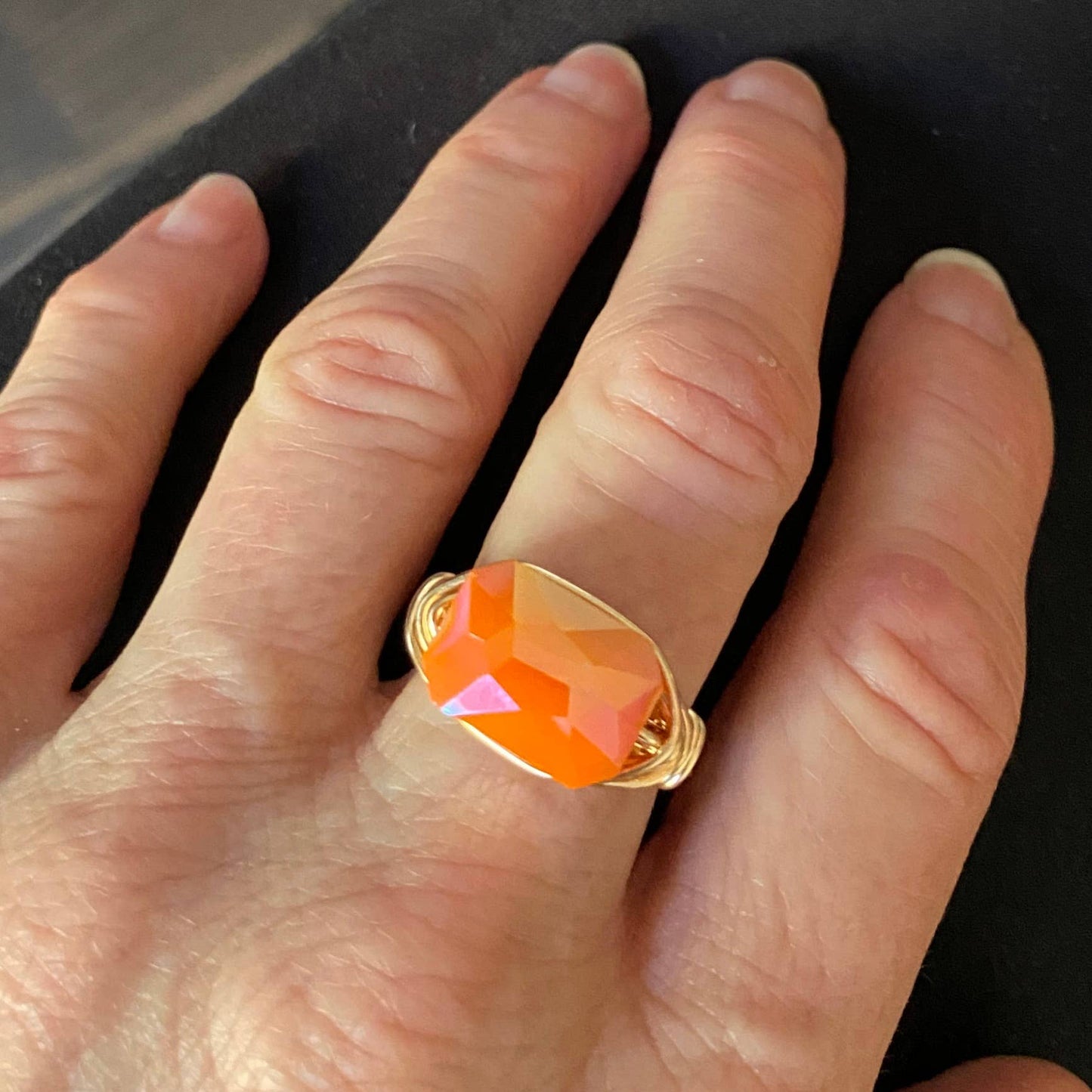 Marble Designs Jewelry - Gold Wire Wrapped Ring Faceted Orange Crystal Statement Ring: Gold / 9