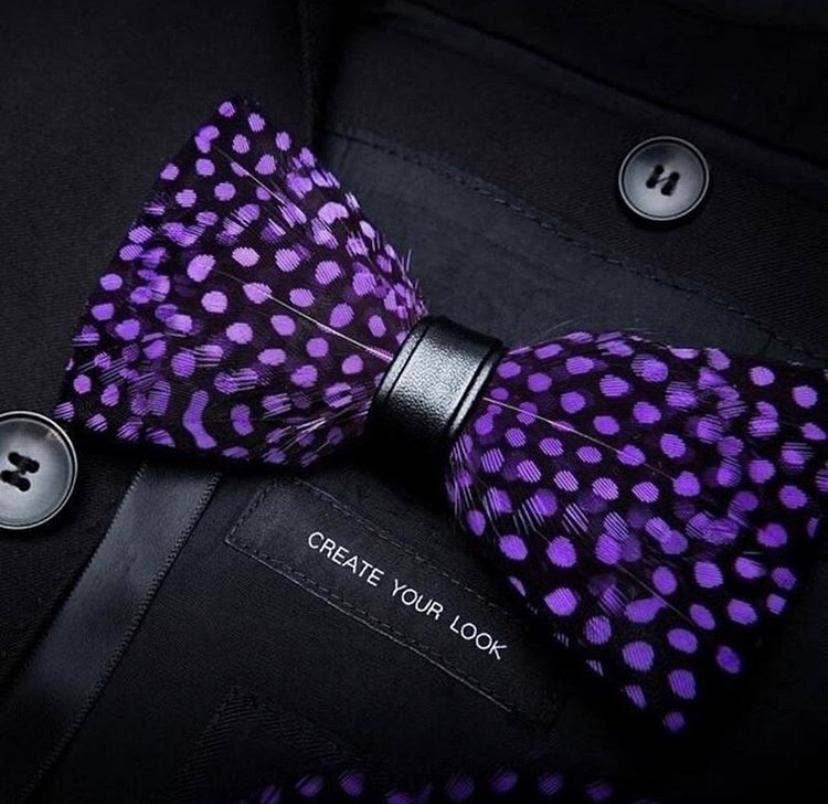 TYED BY DEDE - Handmade Purple Polka Dot Feather Bow Tie W/free Lapel Pin Set