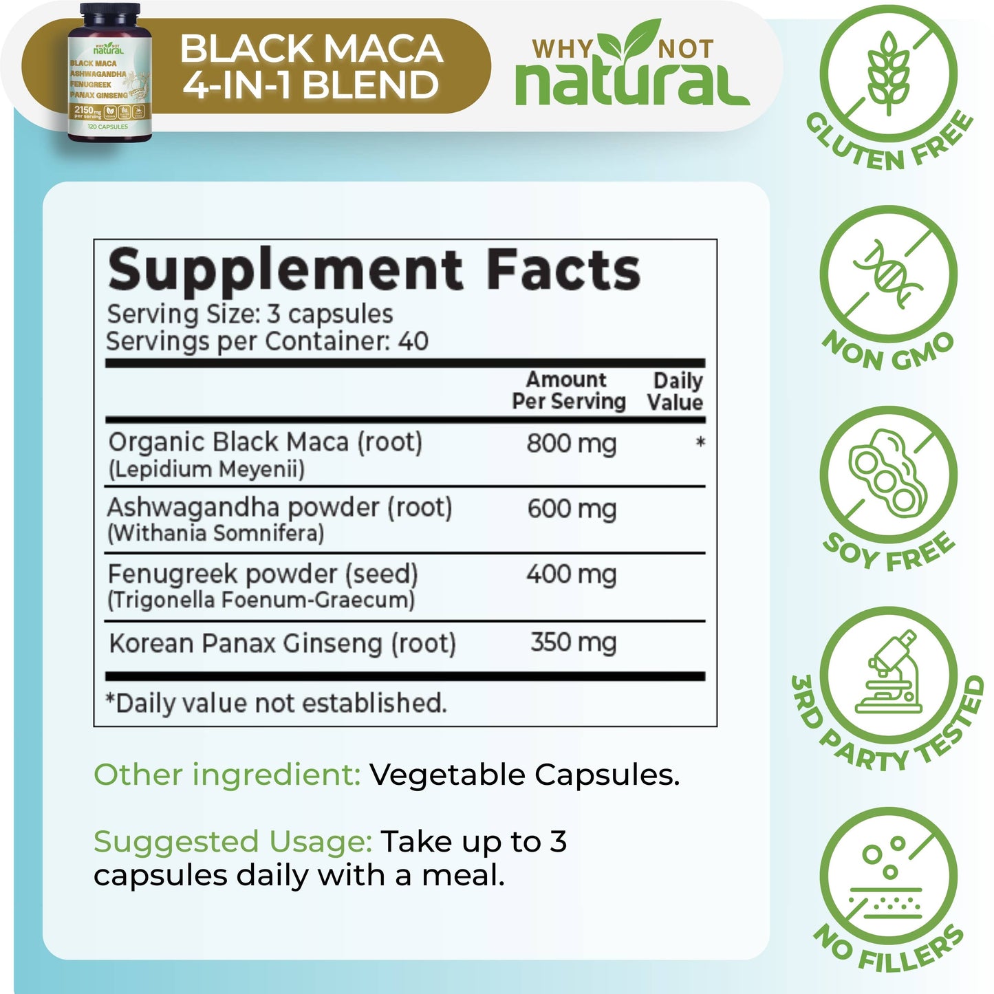 WhyNotNatural - 4-in-1 Organic Black Maca Root, Supplement for Men and Women
