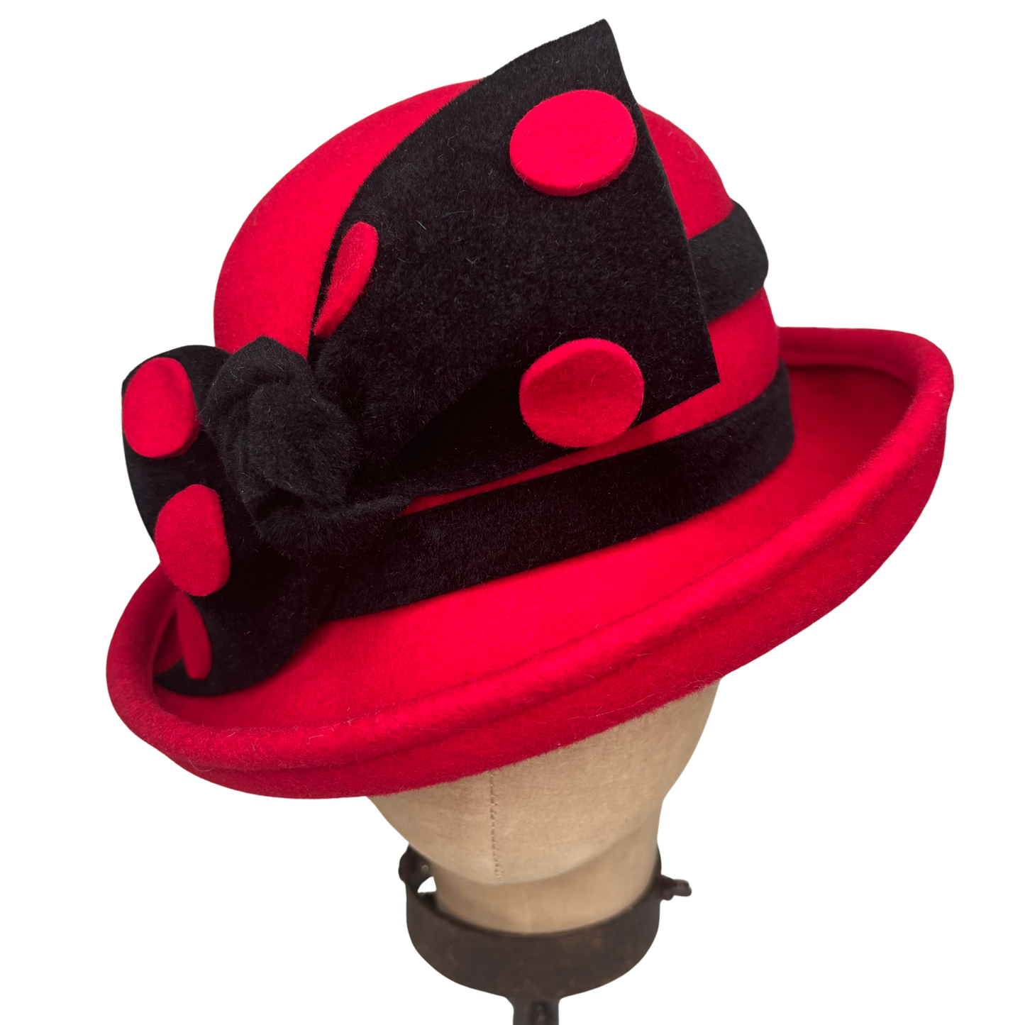 Kathy Jeanne Millinery - Wool Red Polka Dot Bow Cloche