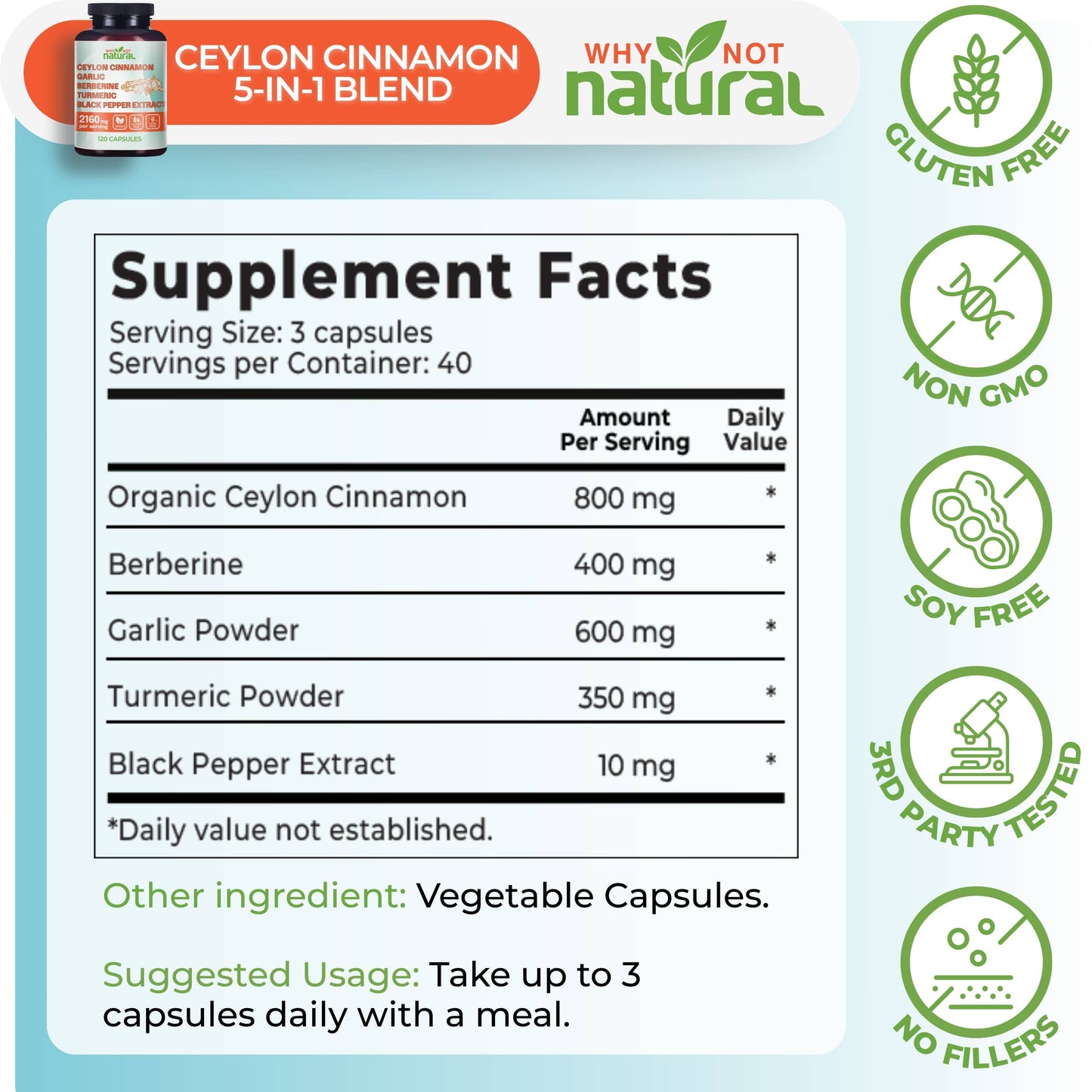 WhyNotNatural - 5-in-1 Organic Ceylon Cinnamon Capsules, Blood Sugar Support