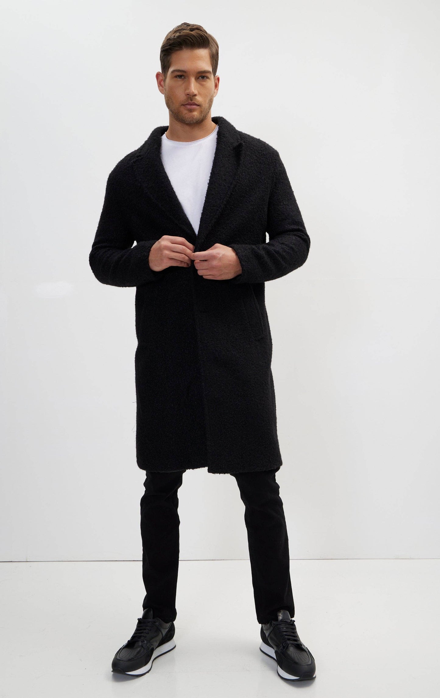 Ron Tomson - Men's Long Fitted Boucle Pea Coat With Notch Lapel - Black: BLACK / XXL (44 US)