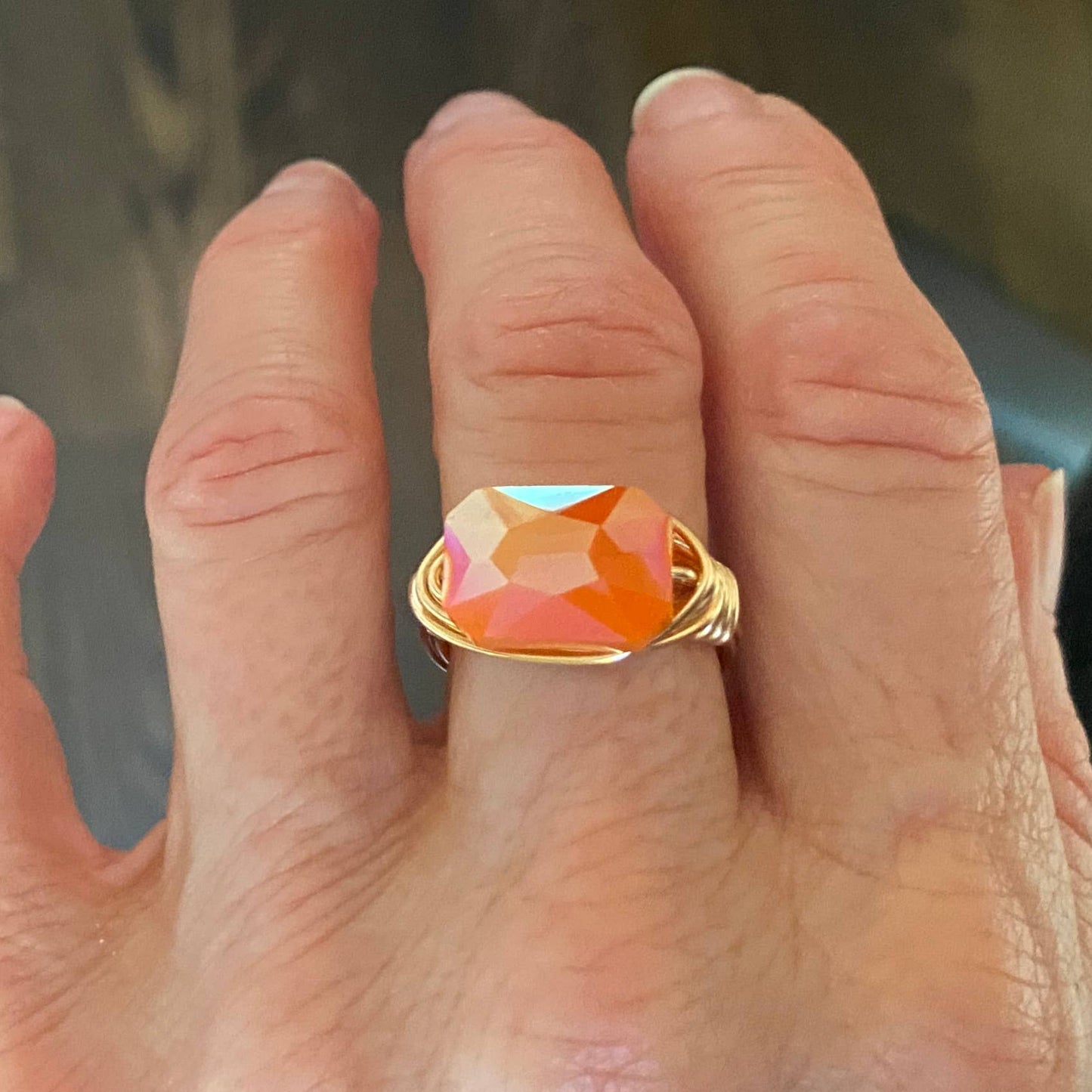 Marble Designs Jewelry - Gold Wire Wrapped Ring Faceted Orange Crystal Statement Ring: Gold / 7