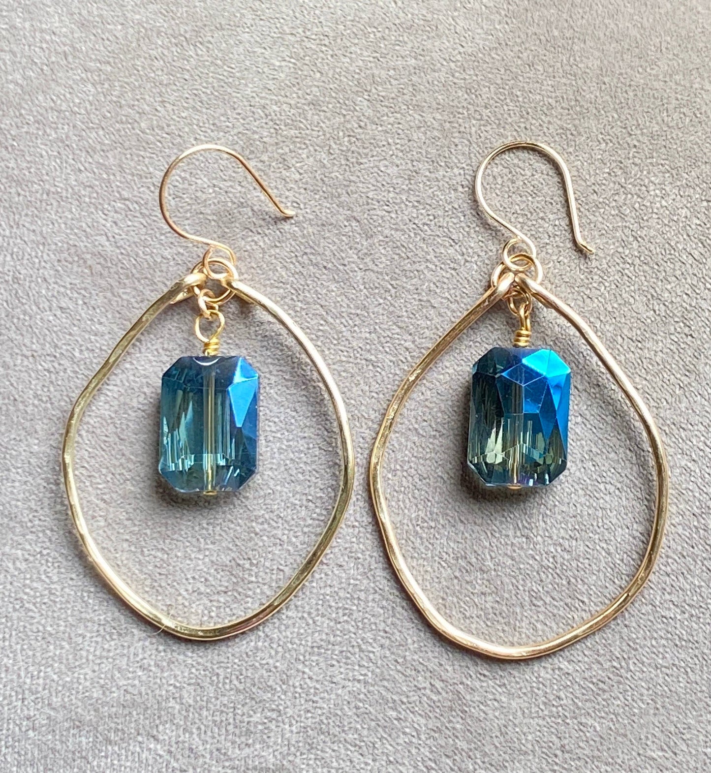 Marble Designs Jewelry - Gold Hammered Hoop Blue Crystal Earrings Sparkle Drop: Blue / Gold