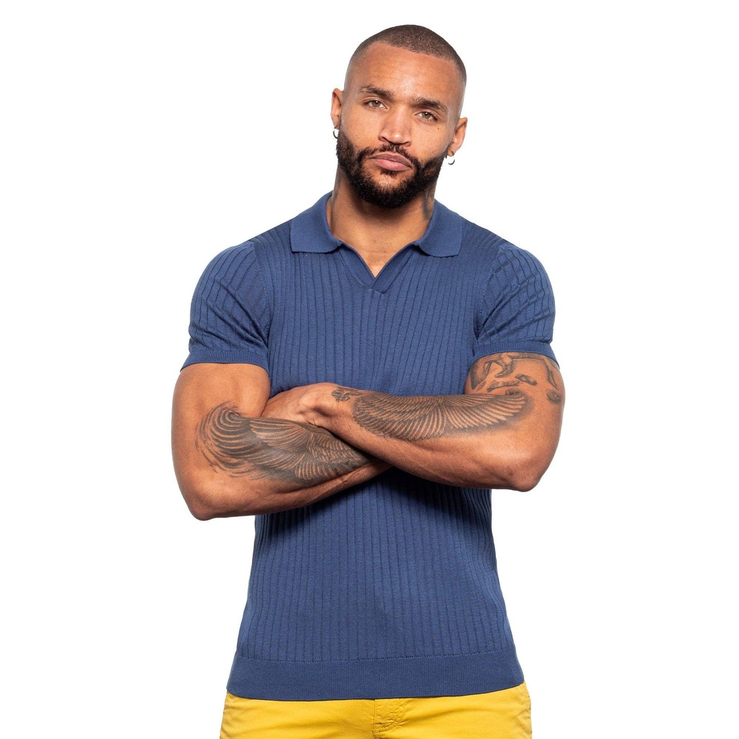 EIGHT X - Ribbed Knit Polo - Blue: BLUE / 3XL