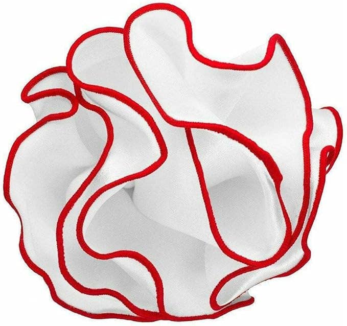 Dubal Brothers - Vittorio Farina Round Satin Pocket Square with Embroidered Piping: White and Red