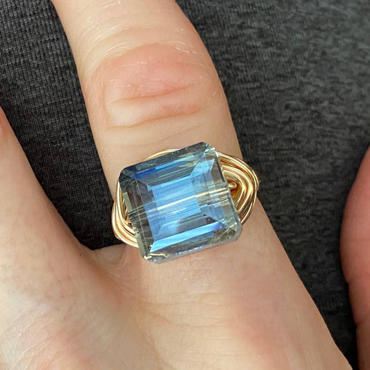 Marble Designs Jewelry - Blue Square Crystal Gold Wire Wrapped Ring StatementCocktail: Blue / Gold / 9