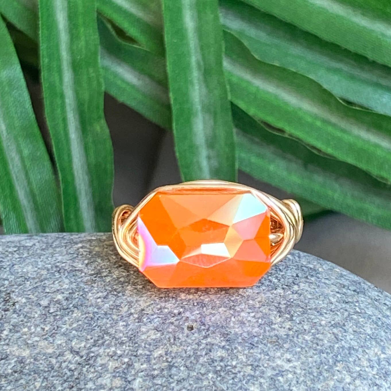 Marble Designs Jewelry - Gold Wire Wrapped Ring Faceted Orange Crystal Statement Ring: Gold / 8
