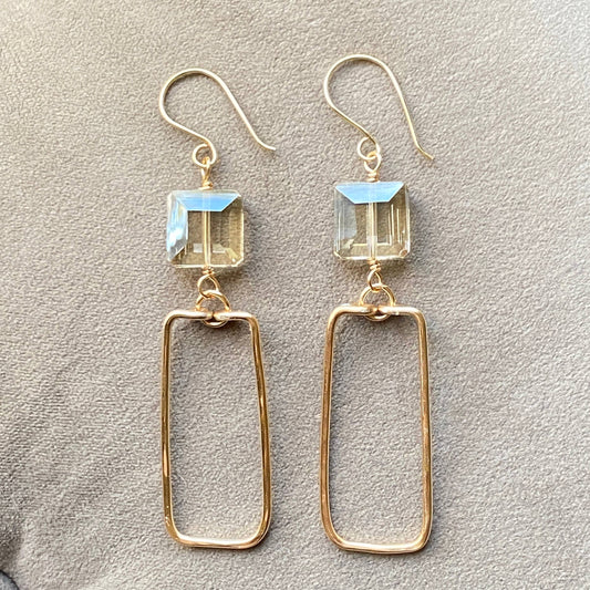 Marble Designs Jewelry - Gold Hammered Rectangle and Square Crystal Earrings: Green