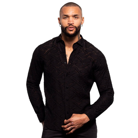 EIGHT X - Burnout Jacquard Button Down Shirt - Black: BLACK / 2XL