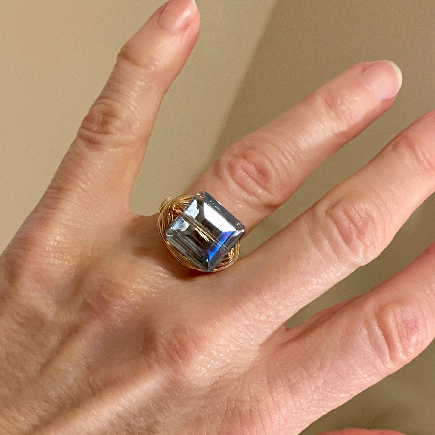 Marble Designs Jewelry - Blue Square Crystal Gold Wire Wrapped Ring StatementCocktail: Blue / Gold / 8
