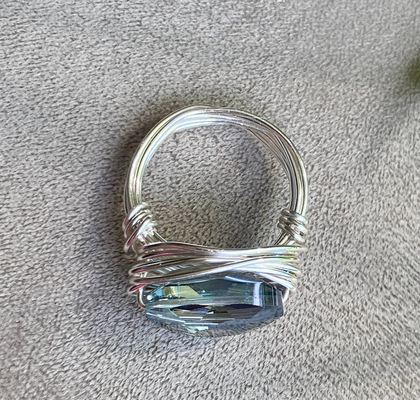 Marble Designs Jewelry - Blue Oval Crystal Silver Wire Wrapped Ring: Blue Crystal / Silver Wire / 9
