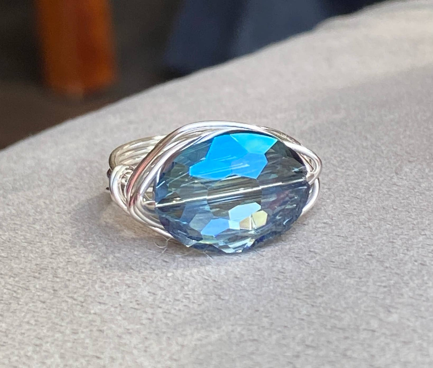Marble Designs Jewelry - Blue Oval Crystal Silver Wire Wrapped Ring: Blue Crystal / Silver Wire / 9