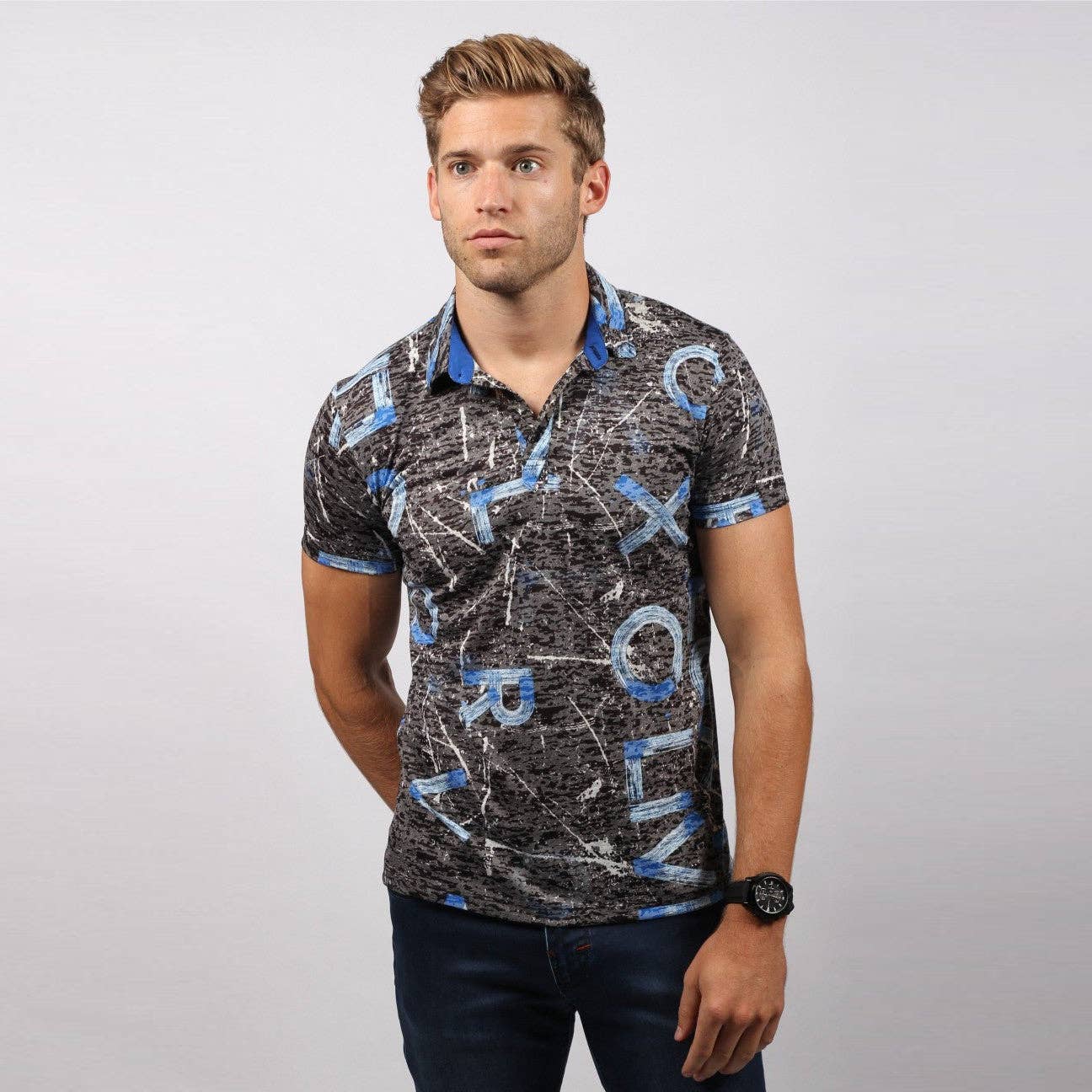 EIGHT X - BLUE PRINT POLO SHIRT #T-1193P: BLUE / XXLARGE