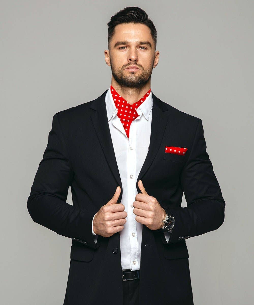 Dubal Brothers - Vittorio Farina Men's Polka Dot Satin Ascot & Pocket Square: Red-White / One Size