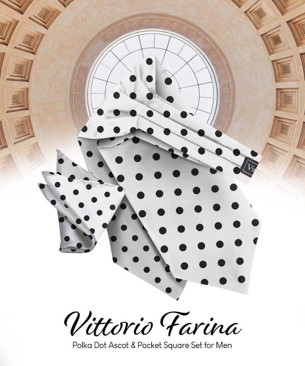 Dubal Brothers - Vittorio Farina Men's Polka Dot Satin Ascot & Pocket Square: White-Black / One Size