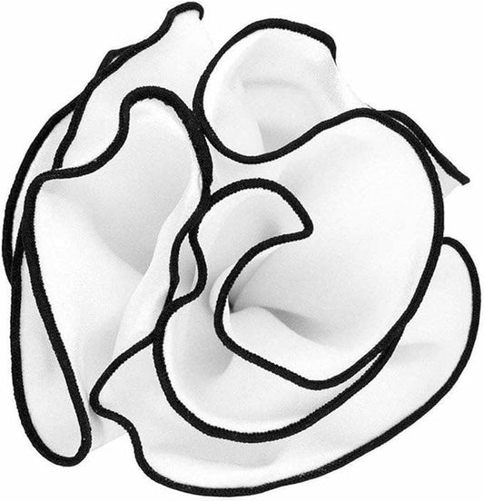 Dubal Brothers - Vittorio Farina Round Satin Pocket Square with Embroidered Piping: White and Black